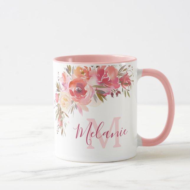Girly Pink and Coral Rose Name Monogram Tasse (Rechts)