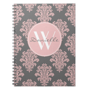 Girly Pink and Grey Damask Monogram Notizblock