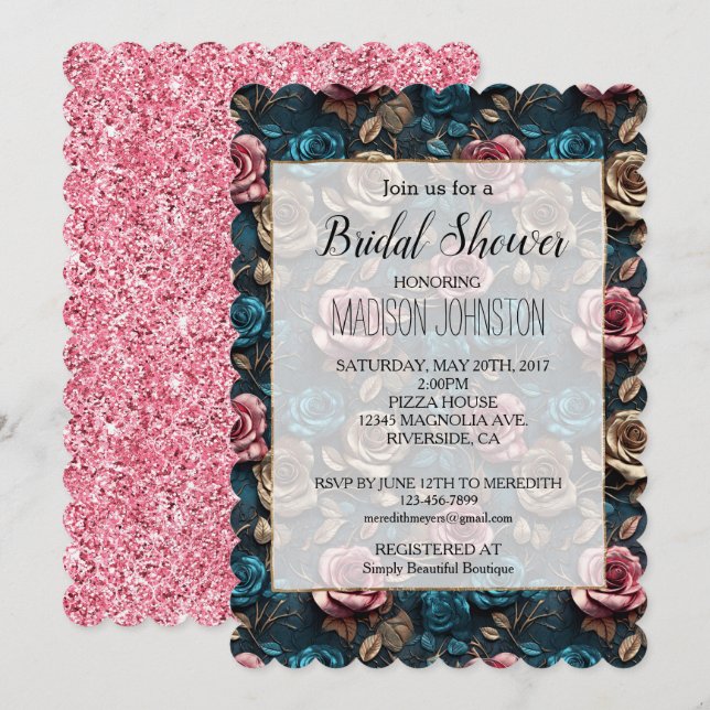 Girly Pink Aqua Champagne Gold Rose Einladung (Vorne/Hinten)