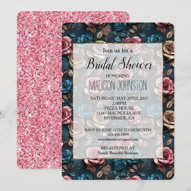 Girly Pink Aqua Champagne Gold Rose Einladung (Vorne/Hinten)