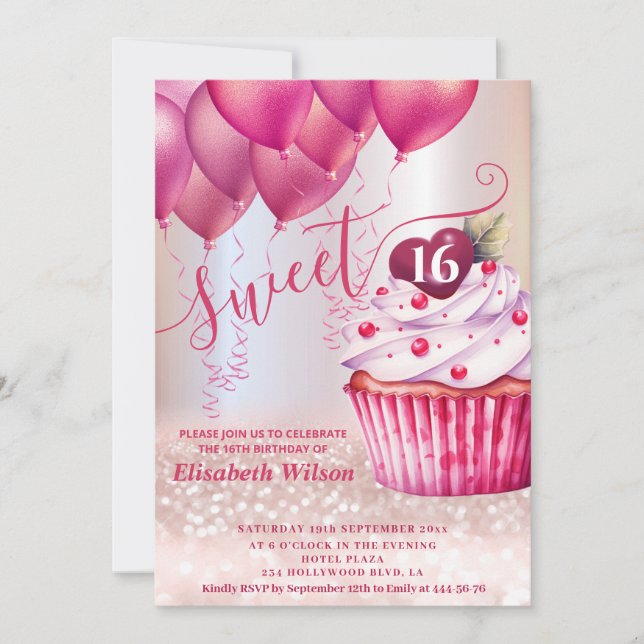 Girly Pink Ballon Cupcake Rose Goldglitterie Einladung (Vorderseite)