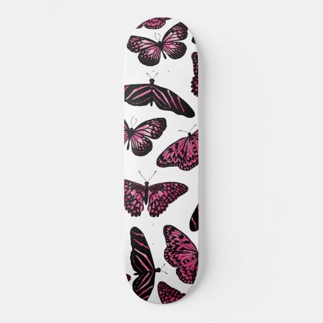 Girly Pink Black Butterfells Wasserfarbenmuster Skateboard (Vorderseite)
