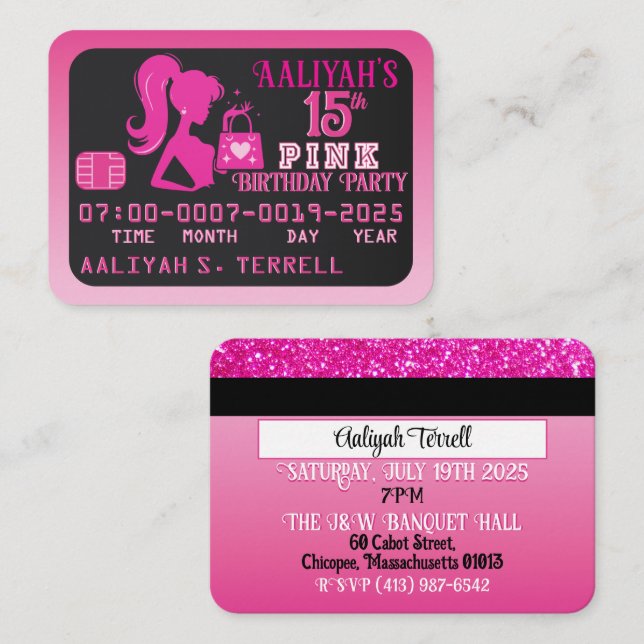Girly Pink/Black Credit Card Einladungen zum Gebur (Vorne/Hinten)