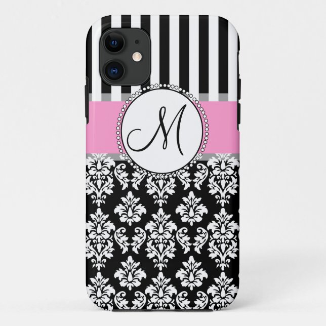 Girly, Pink, Black Damask Ihr Monogramm Case-Mate iPhone Hülle (Rückseite)