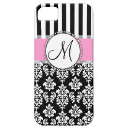 Girly, Pink, Black Damask Ihr Monogramm Case-Mate iPhone Hülle