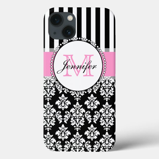 Girly Pink Black Damask Mit Monogramm gestrichen Case-Mate iPhone Hülle (Rückseite)