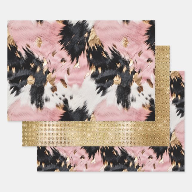 Girly Pink Black Gold Cowgirl Cowhide Geschenkpapier Set (Set)