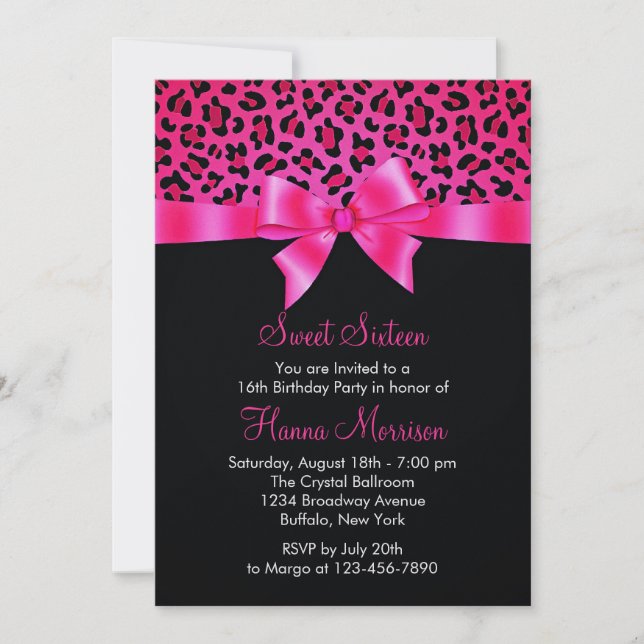 Girly Pink Black Leopard Print Elegant Sweet 16 Einladung (Vorderseite)