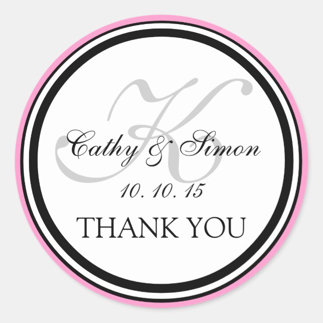 Girly Pink Black Monogram K Wedding Danke Runder Aufkleber (Vorderseite)