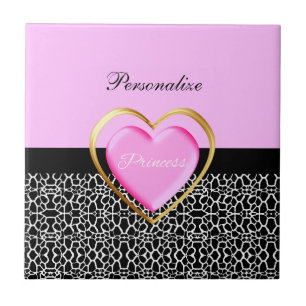 Girly Pink Black Princess Giraffe Print and Name Fliese