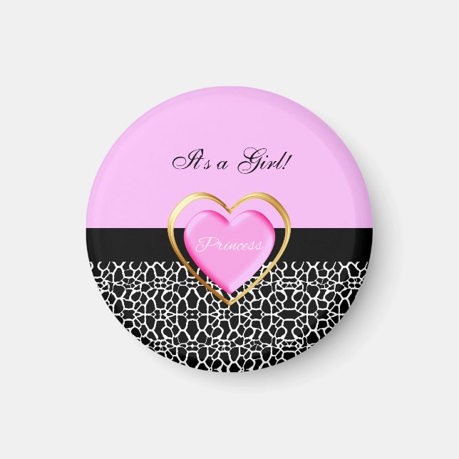 Girly Pink Black Princess Giraffe Print and Name Magnet (Vorne)