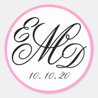 Girly Pink, Black Three Initials Monogram Wedding Runder Aufkleber