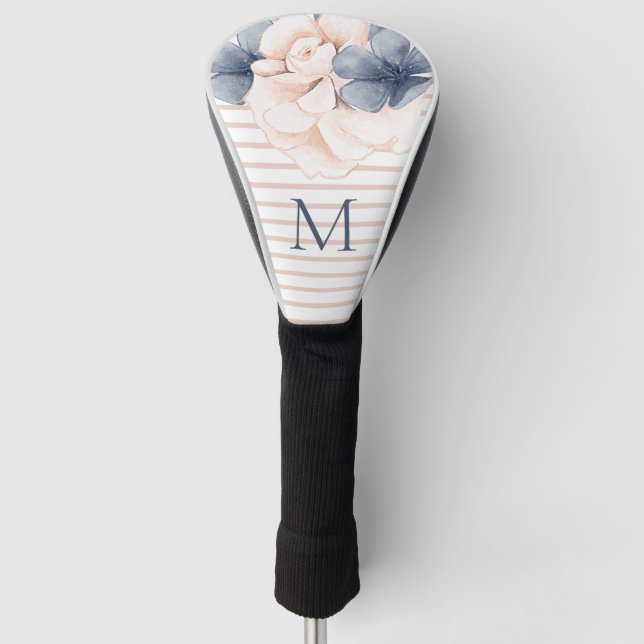 Girly Pink Blue Floral Monogram Streifen Golf Headcover (Vorderseite)