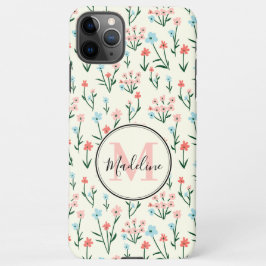 Girly Pink Blue Flowers Muster Elegantes Monogramm iPhone 11Pro Max Hülle
