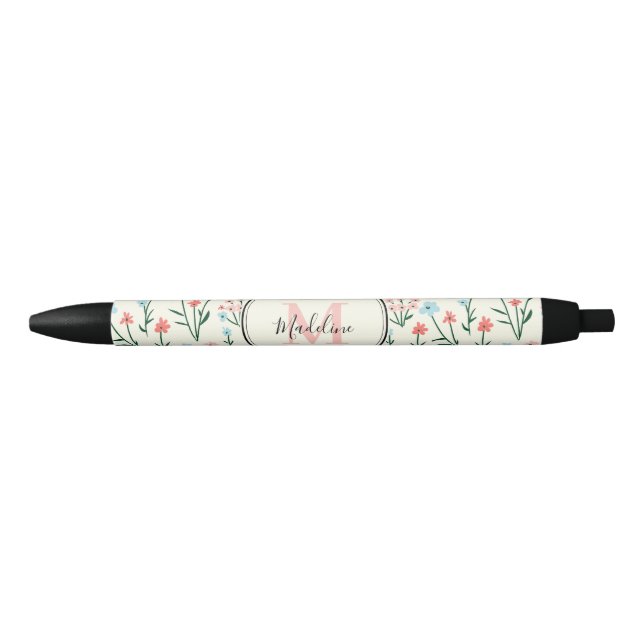 Girly Pink Blue Flowers Muster Elegantes Monogramm Kugelschreiber (Vorderseite)