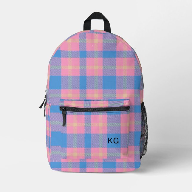 Girly Pink & Blue Kariert Monogram Initials Bedruckter Rucksack (Vorderseite)
