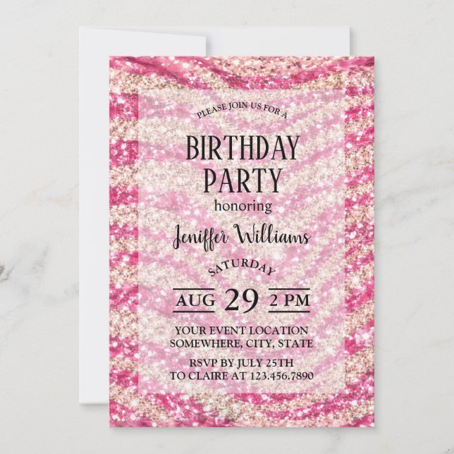 Girly Pink Blush Glitter Zebra-Muster             Einladung (Vorderseite)
