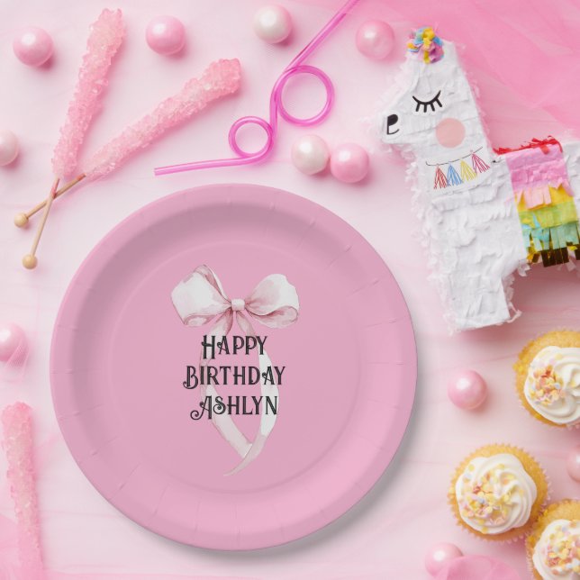 Girly Pink Bow Birthday Pappteller (Party)