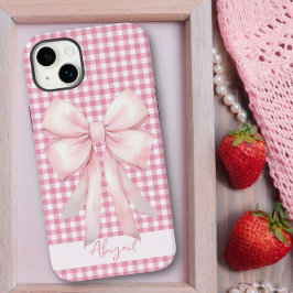 Girly Pink Bow Gingham Kariert Personalisiert Case-Mate iPhone 14 Plus Hülle