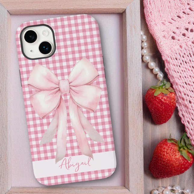 Girly Pink Bow Gingham Kariert Personalisiert Case-Mate iPhone Hülle (Personalized iphone case with pink bow on pink gingham by Darling and May)