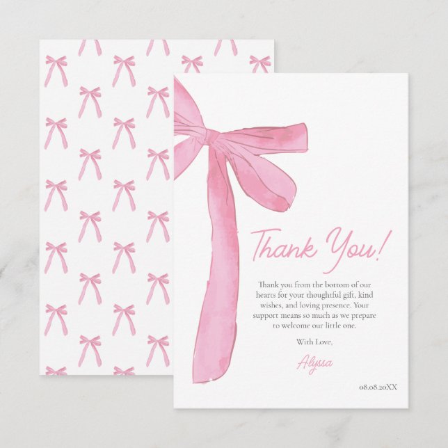 Girly Pink Bow Hand drawn Coquette baby shower  Dankeskarte (Vorne/Hinten)