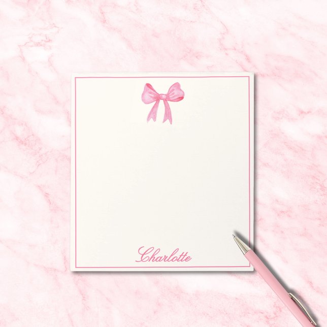 Girly Pink Bow Notizblock (cute sweet pink girly coquette bow notepad, custom name in calligraphy script, stationery for her)