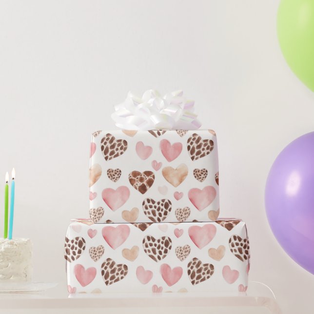 Girly Pink Brown Cream Leopard Tierherzen Geschenkpapier (Partygeschenke)