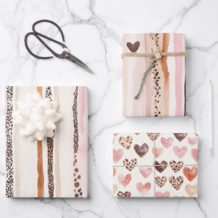 Girly Pink Brown Leopard Print Hearts Geburtstag Geschenkpapier Set
