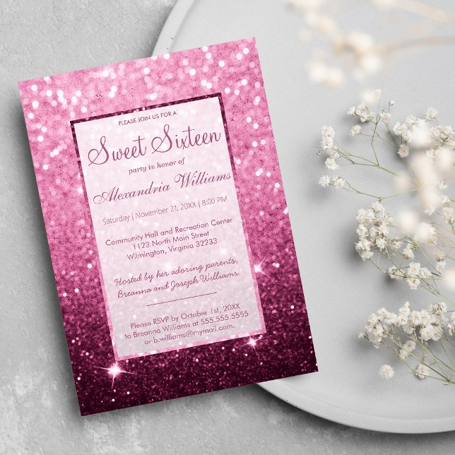 Girly pink burgundy Imitate Glitzer bokeh Sweet 16 Einladung (Girly pink burgundy faux glitter bokeh Sweet 16 Invitation)