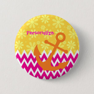 Girly Pink Chevrons Orange Anchor mit Namen Button