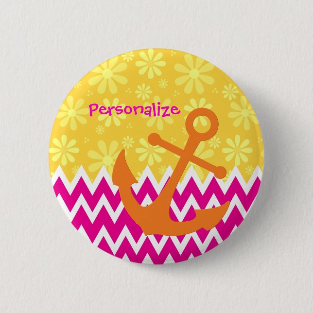 Girly Pink Chevrons Orange Anchor mit Namen Button (Vorderseite)