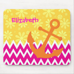 Girly Pink Chevrons Orange Anchor mit Namen Mousepad