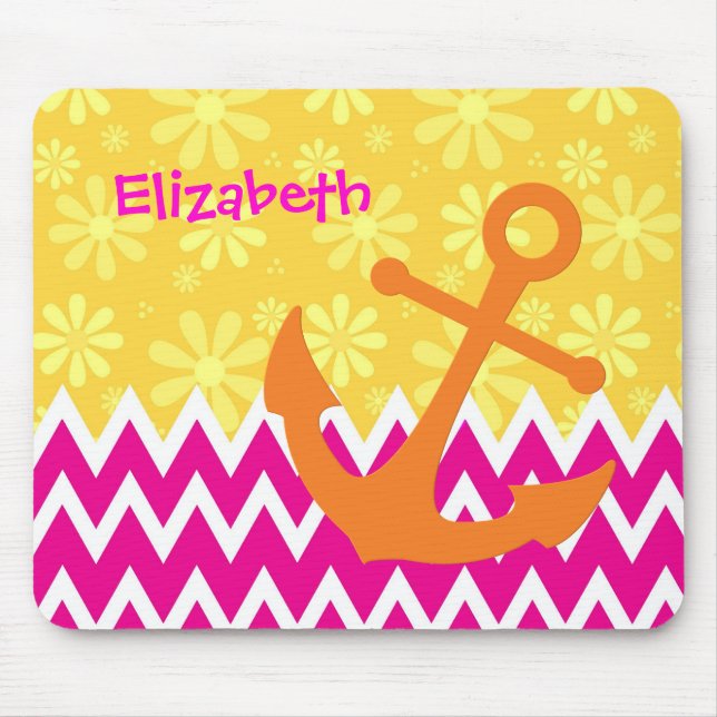 Girly Pink Chevrons Orange Anchor mit Namen Mousepad (Vorne)