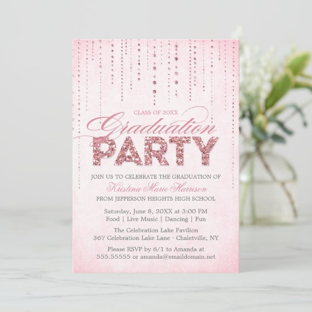 Girly Pink Chic Glitzer Gems Graduation Party Einladung (Stehend Vorderseite)