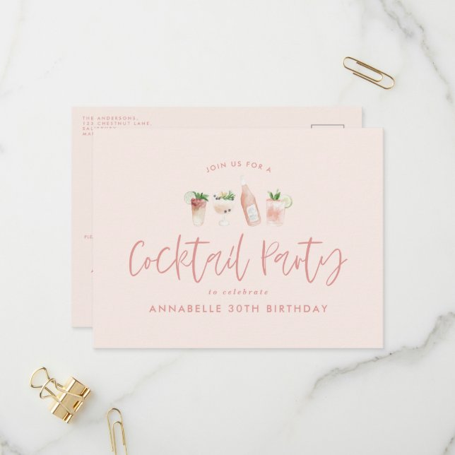 Girly Pink Cocktail stylish Geburtstagsparty Einladungspostkarte (Vorderseite/Rückseite Beispiel)