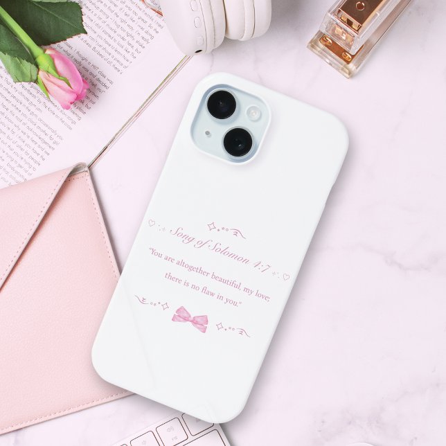 Girly Pink Coquette Bow Christlich Bible Verse Case-Mate iPhone Hülle (This white and pink iPhone case featuring Bible scripture is a great Christian gift for girls)