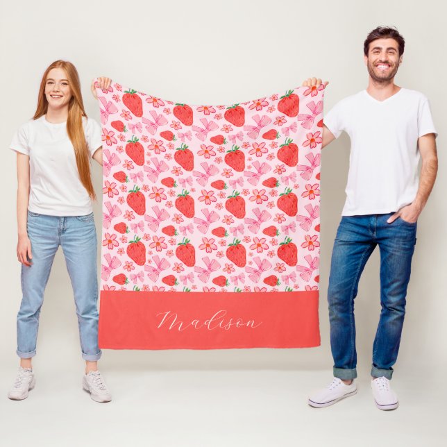 Girly Pink Coquette Bow Strawberry Individuelle Na Fleecedecke (Beispiel)