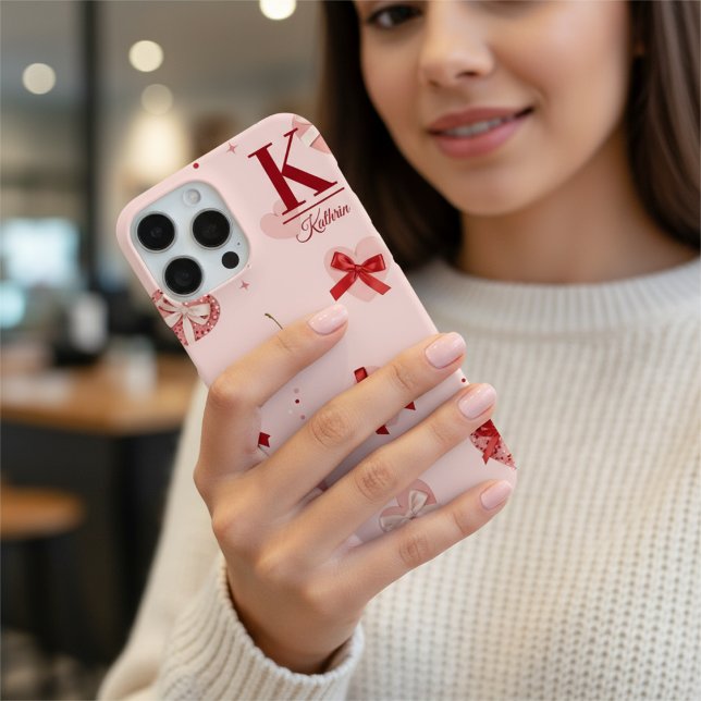 Girly Pink Coquette Hearts and Bows Personalized  Case-Mate iPhone Hülle (Von Creator hochgeladen)