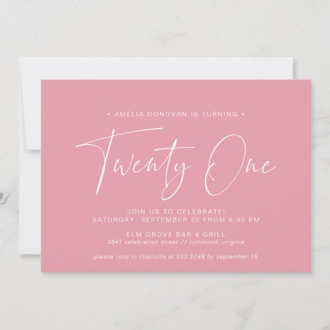 Girly Pink | Cute Modern Script 21st Birthday Einladung (Vorderseite)