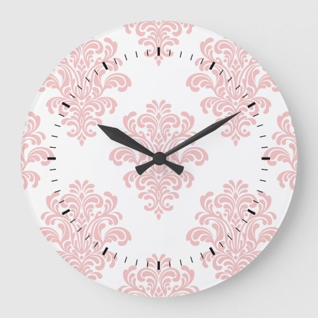 Girly Pink Damask Muster Große Wanduhr (Vorderseite)