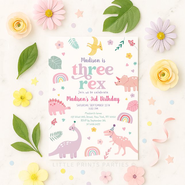 Girly Pink Dinosaur Three Rex Birthday Einladung (Von Creator hochgeladen)