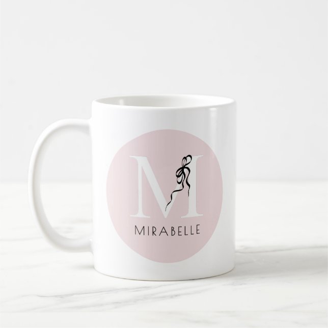 Girly Pink Elegant Black Bow Initial Niedlich Mono Kaffeetasse (Links)