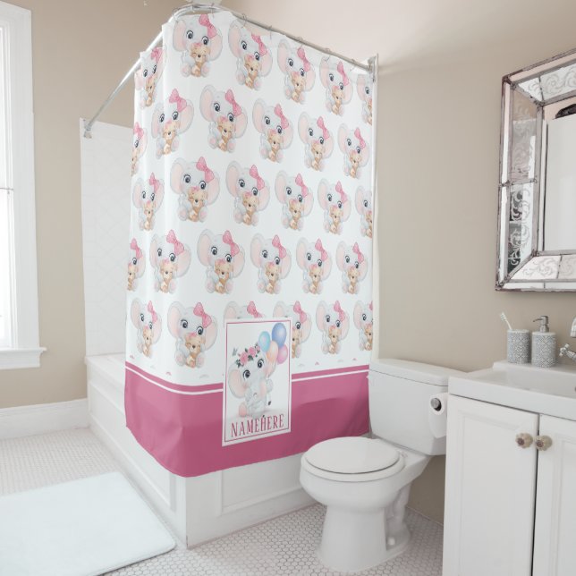 Girly Pink Elephant mit Bow und Balloon Muster Duschvorhang (Beispiel)
