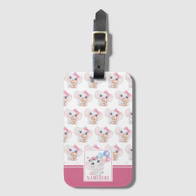 Girly Pink Elephant mit Bow und Balloon Muster Gepäckanhänger (Vorderseite Vertikal)