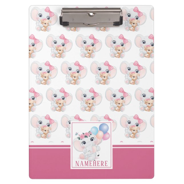 Girly Pink Elephant mit Bow und Balloon Muster Klemmbrett (Vorderseite)