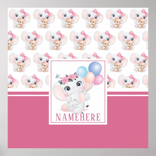 Girly Pink Elephant mit Bow und Balloon Muster Poster (Vorne)