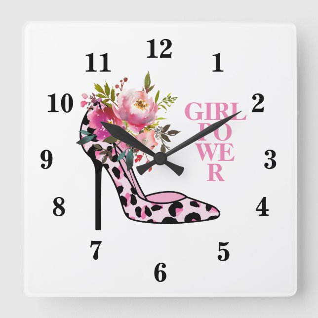 Girly Pink Floral and High Heels  Quadratische Wanduhr (Vorderseite)