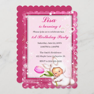 Girly Pink Floral Baby Bunny 1. Geburtstag Einladung