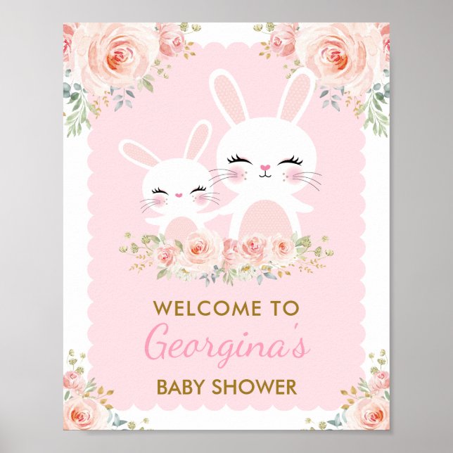 Girly Pink Floral Bunny Baby Dusche Niedliches Kan Poster (Vorne)