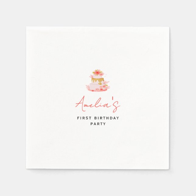 Girly Pink Floral Cake Birthday Party Serviette (Vorderseite)